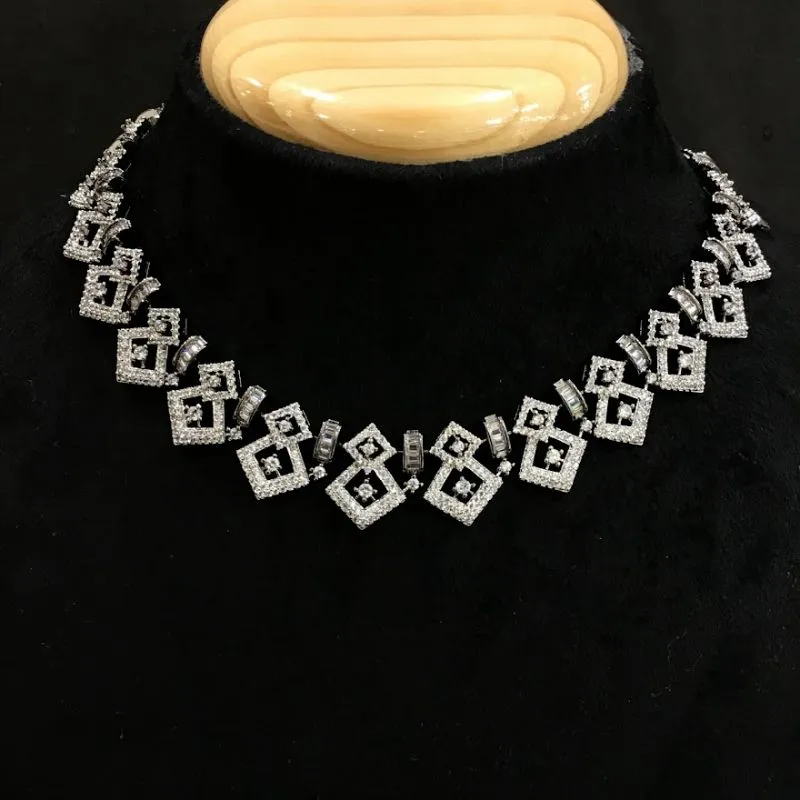 Silver Finish Round Zircon/AD Necklace Set