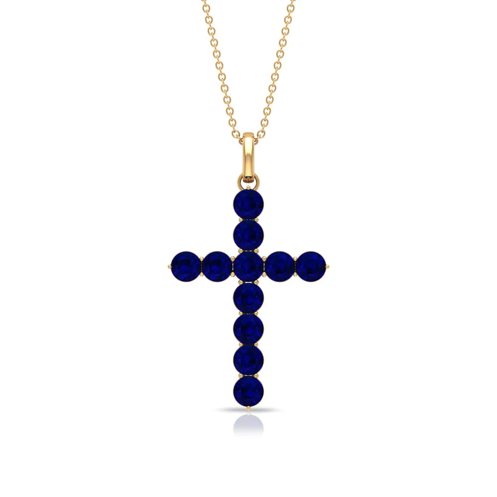 Simple Created Blue Sapphire Cross Pendant Necklace