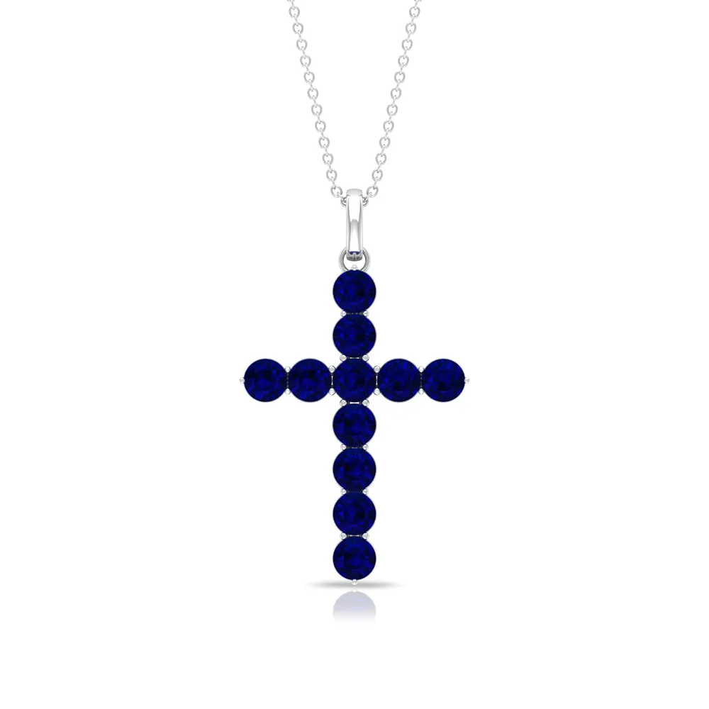 Simple Created Blue Sapphire Cross Pendant Necklace