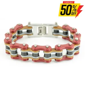 SK1339 3/4" Wide Tri Color Red Grey Black Leather Double Link Design Men's Stainless Steel Motorcycle Chain Bracelet