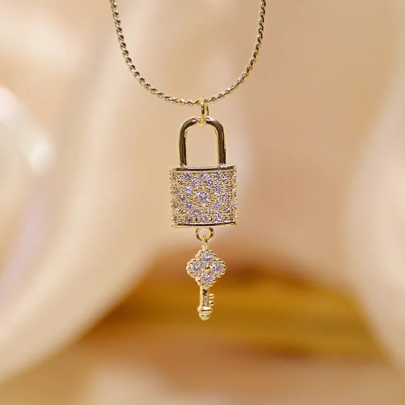 Sparkling Zircon Embellished Lock and Key Pendant Necklaces