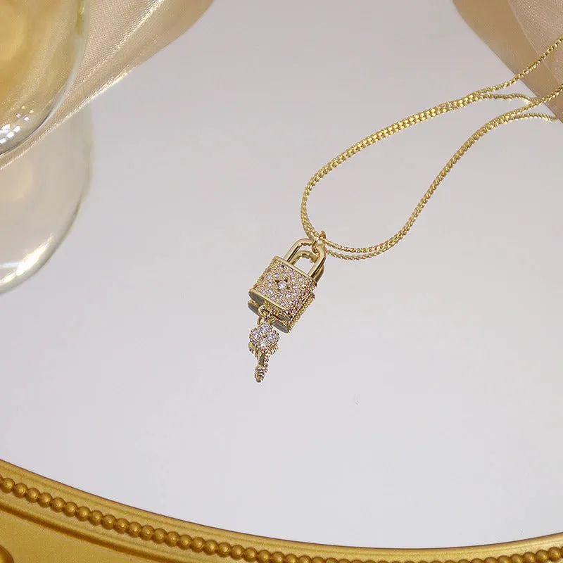 Sparkling Zircon Embellished Lock and Key Pendant Necklaces