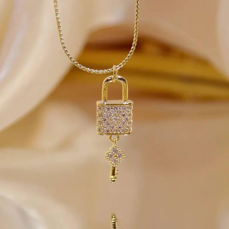 Sparkling Zircon Embellished Lock and Key Pendant Necklaces