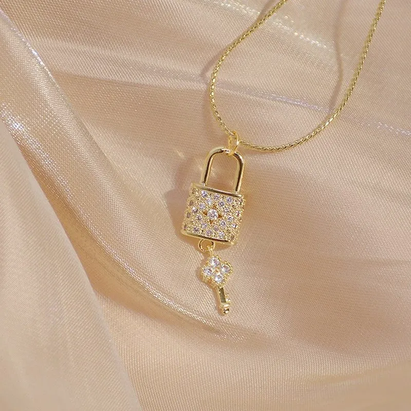 Sparkling Zircon Embellished Lock and Key Pendant Necklaces