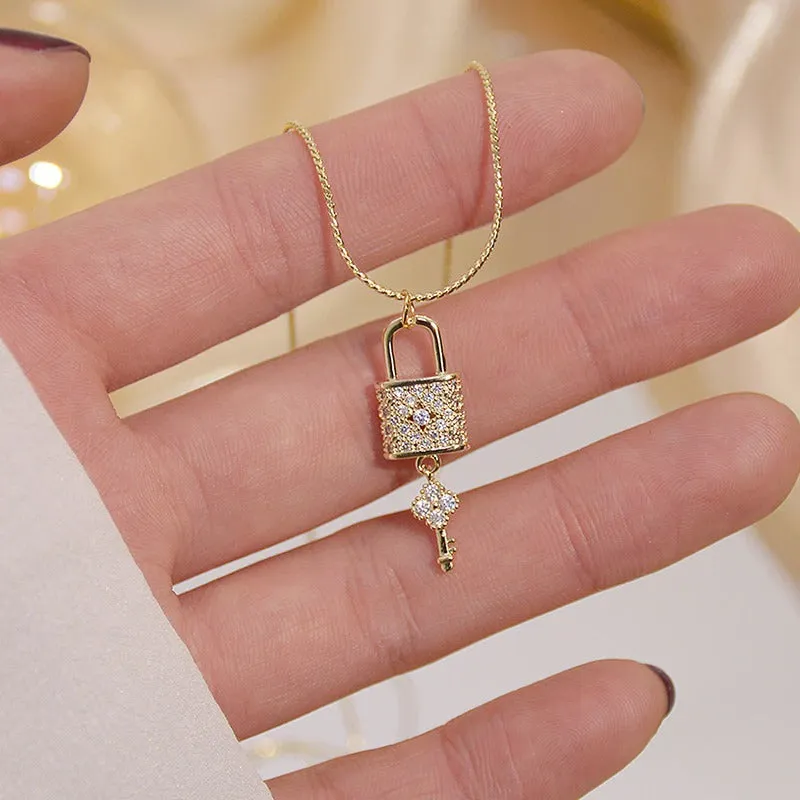 Sparkling Zircon Embellished Lock and Key Pendant Necklaces