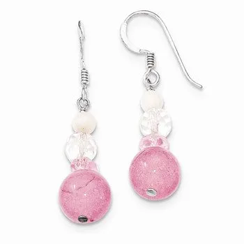 Sterling Silver Pink White Crystal/ /Mother of Pearl Dangle Earrings