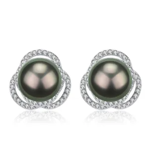 Tahitian South Sea Pearl 9-10mm & CZ Rose Earrings Sterling Silver