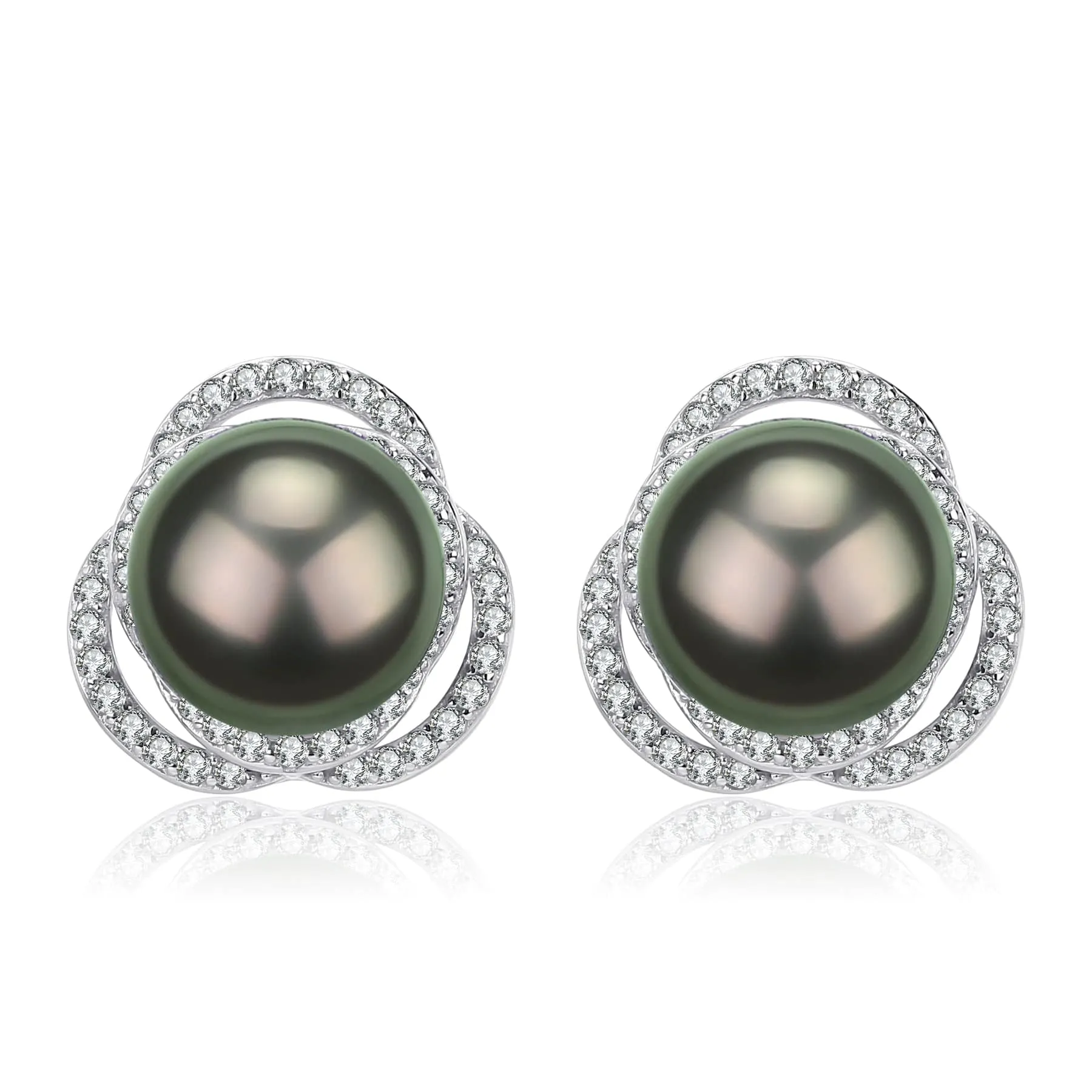Tahitian South Sea Pearl 9-10mm & CZ Rose Earrings Sterling Silver
