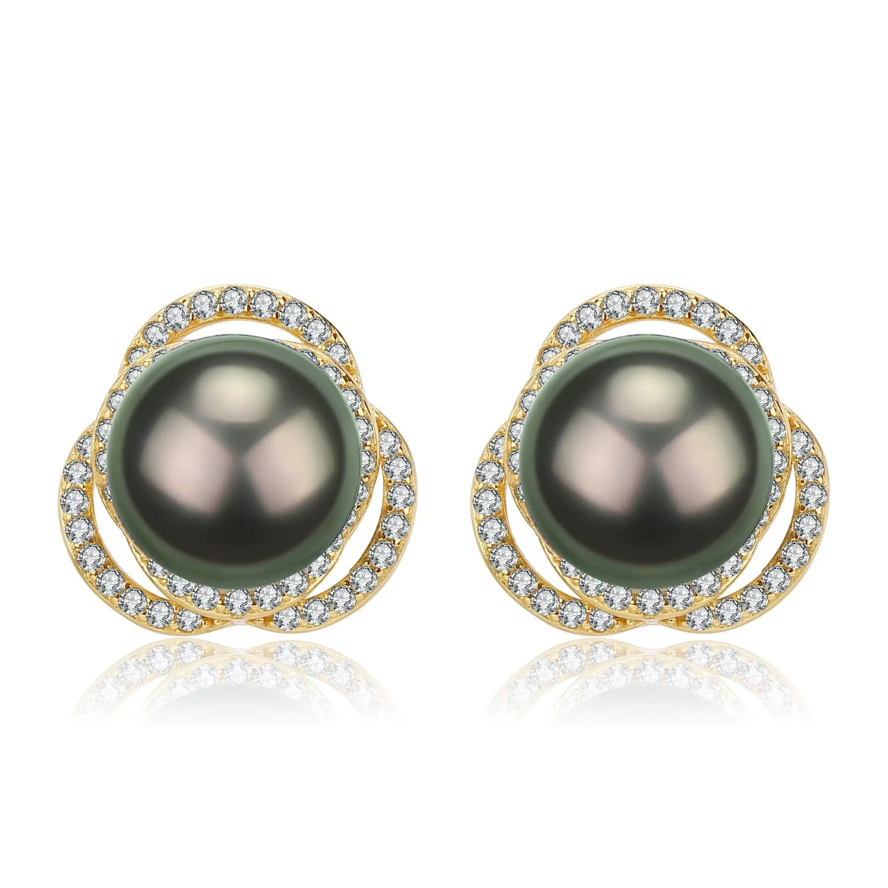 Tahitian South Sea Pearl 9-10mm & CZ Rose Earrings Sterling Silver
