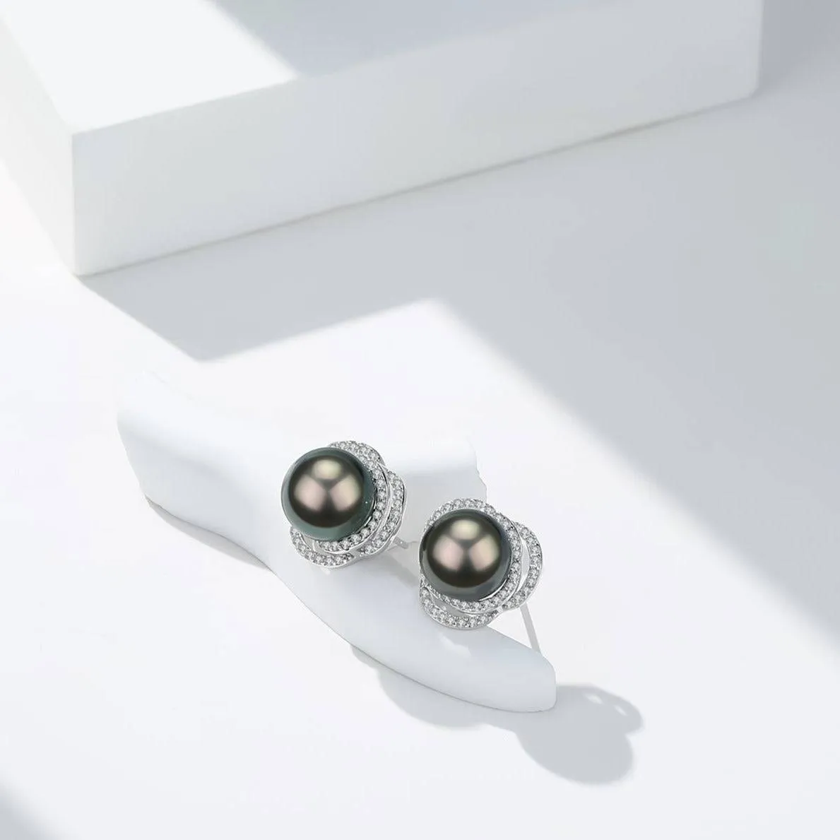 Tahitian South Sea Pearl 9-10mm & CZ Rose Earrings Sterling Silver
