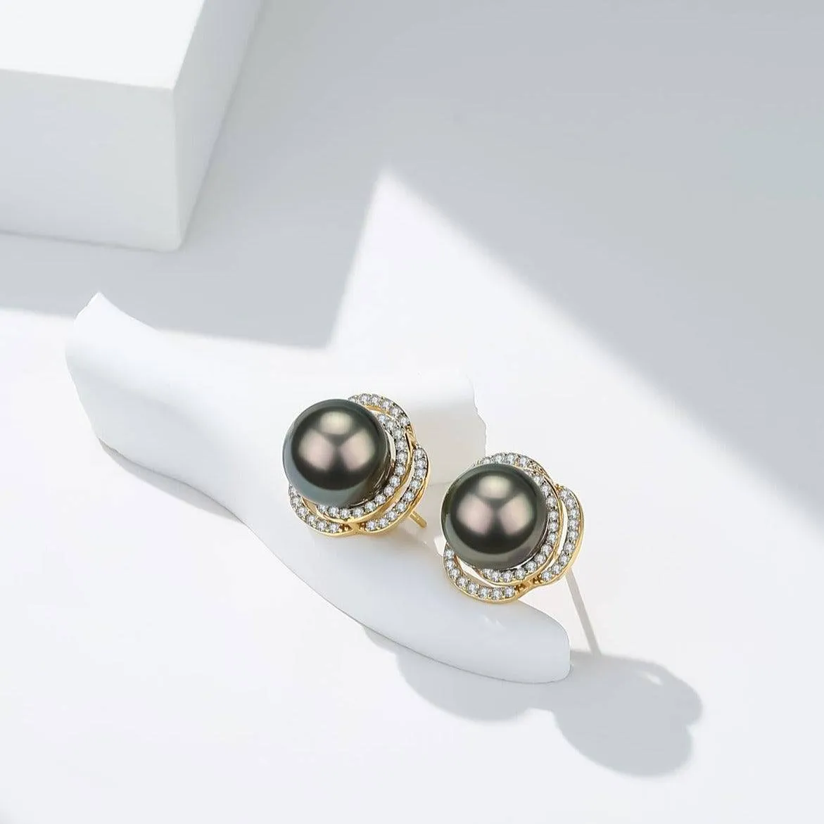 Tahitian South Sea Pearl 9-10mm & CZ Rose Earrings Sterling Silver