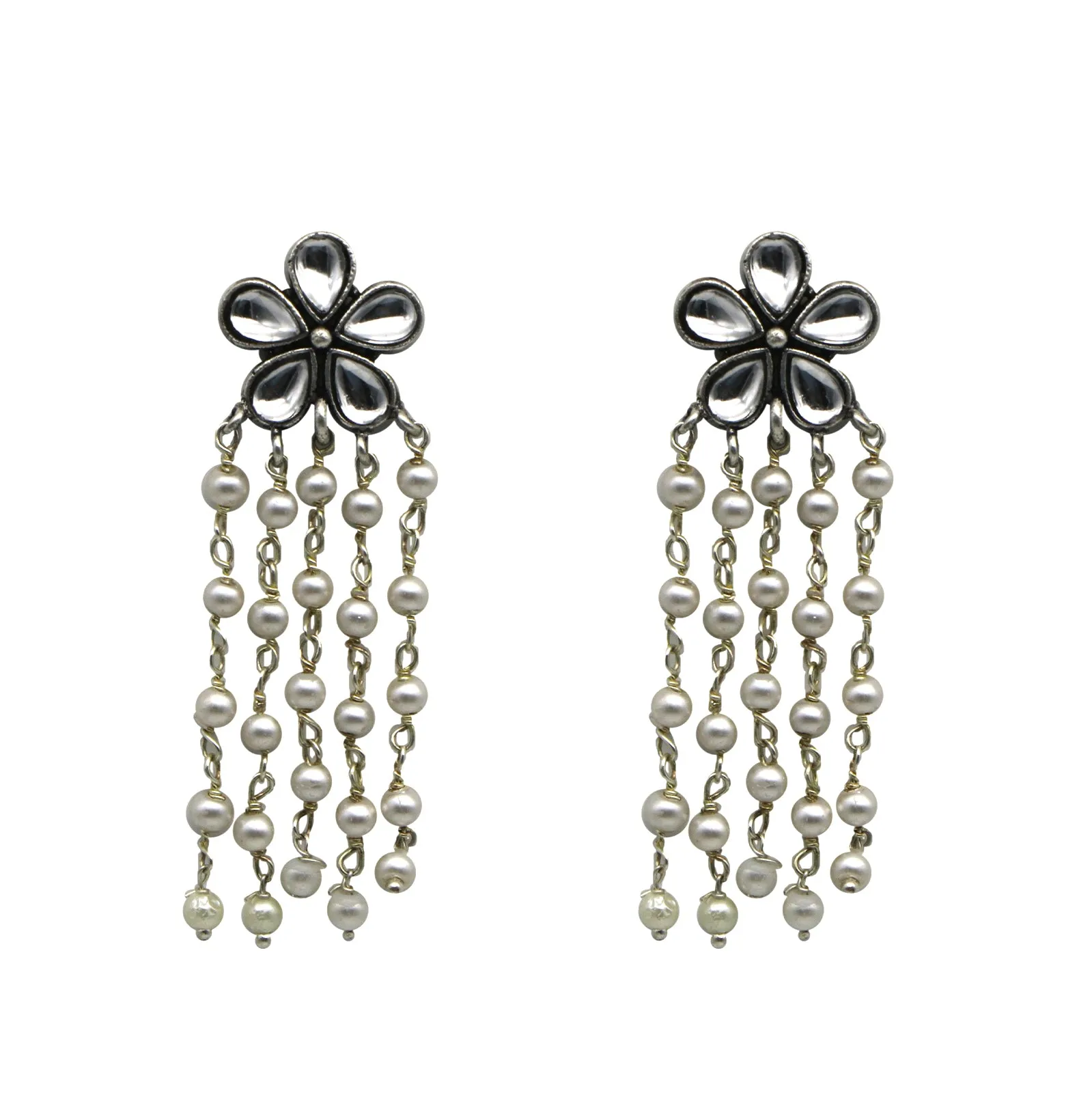 Teejh Blossom Polki Silver Oxidized Pearl Earrings