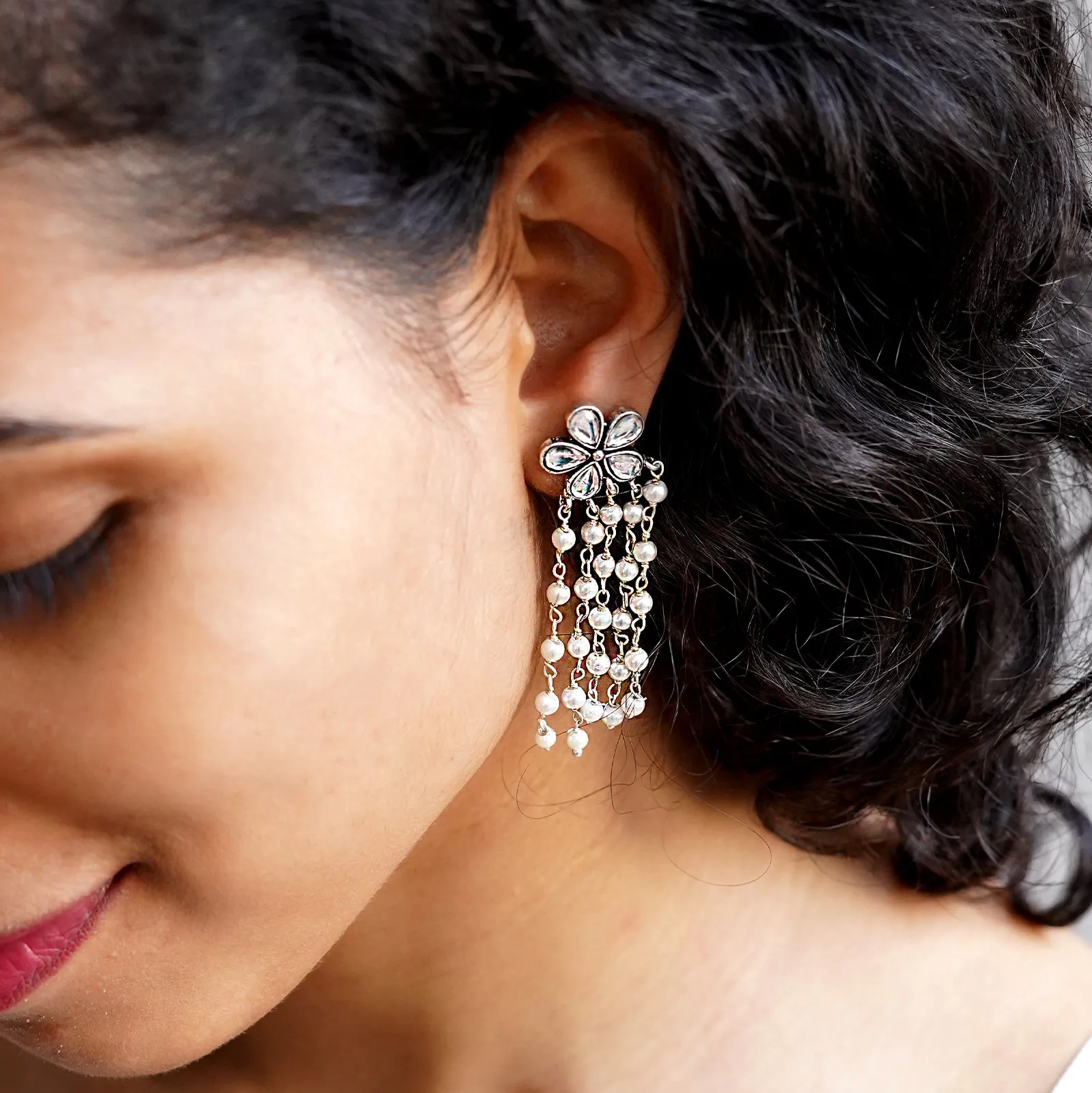 Teejh Blossom Polki Silver Oxidized Pearl Earrings
