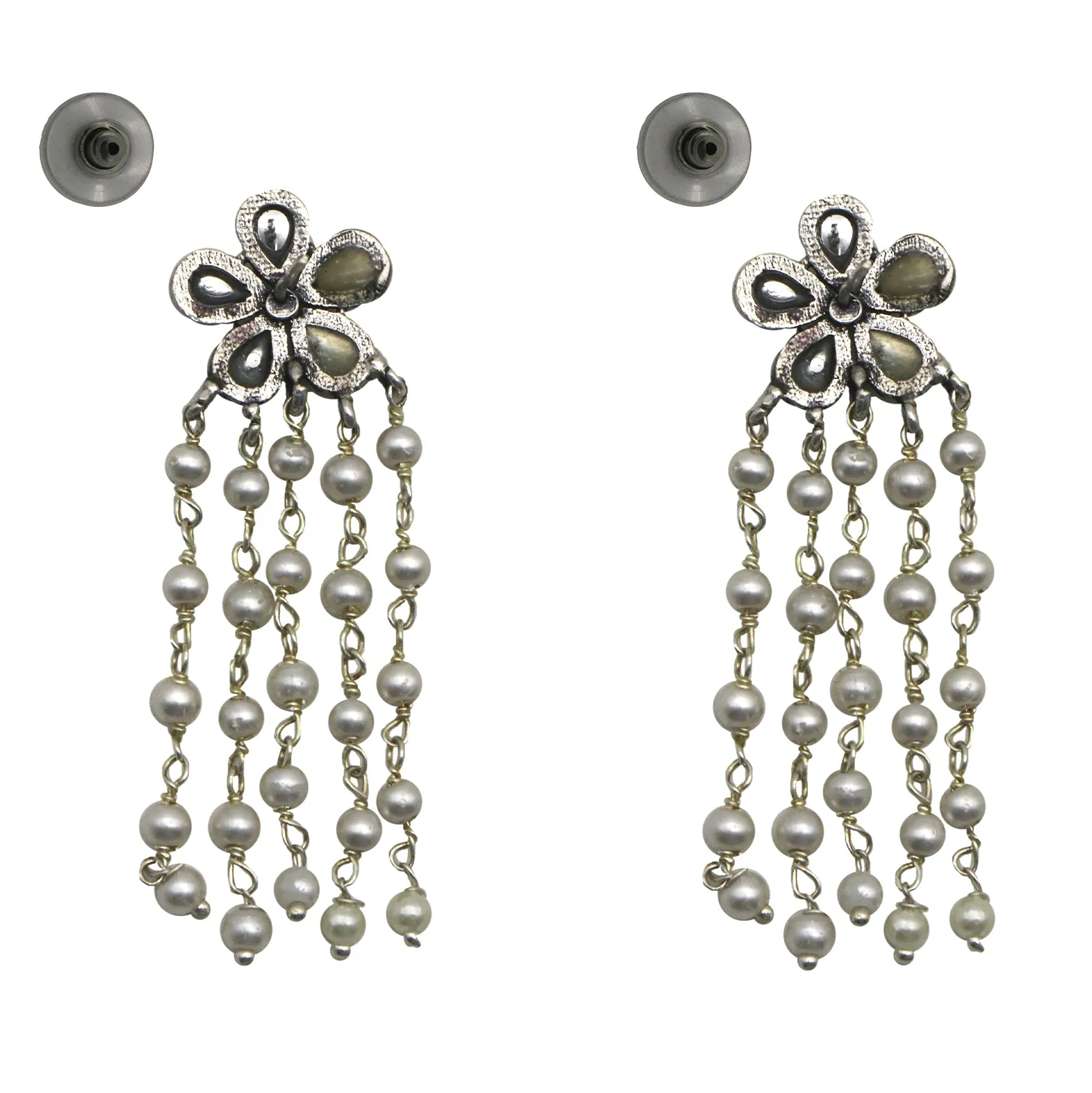 Teejh Blossom Polki Silver Oxidized Pearl Earrings