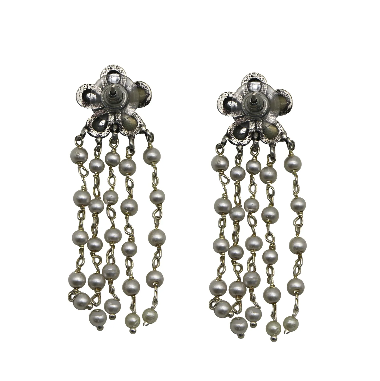 Teejh Blossom Polki Silver Oxidized Pearl Earrings
