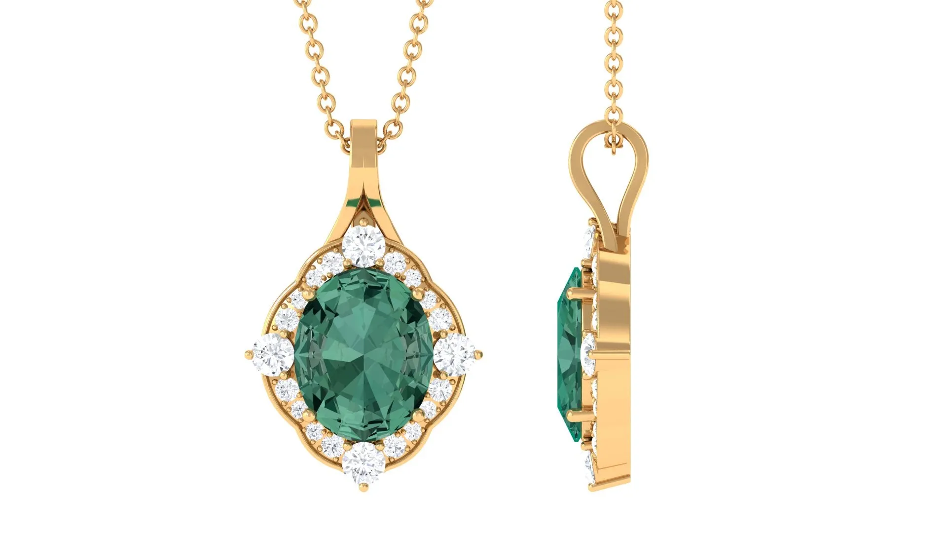 Vintage Inspired Oval Created Green Sapphire and Diamond Halo Pendant