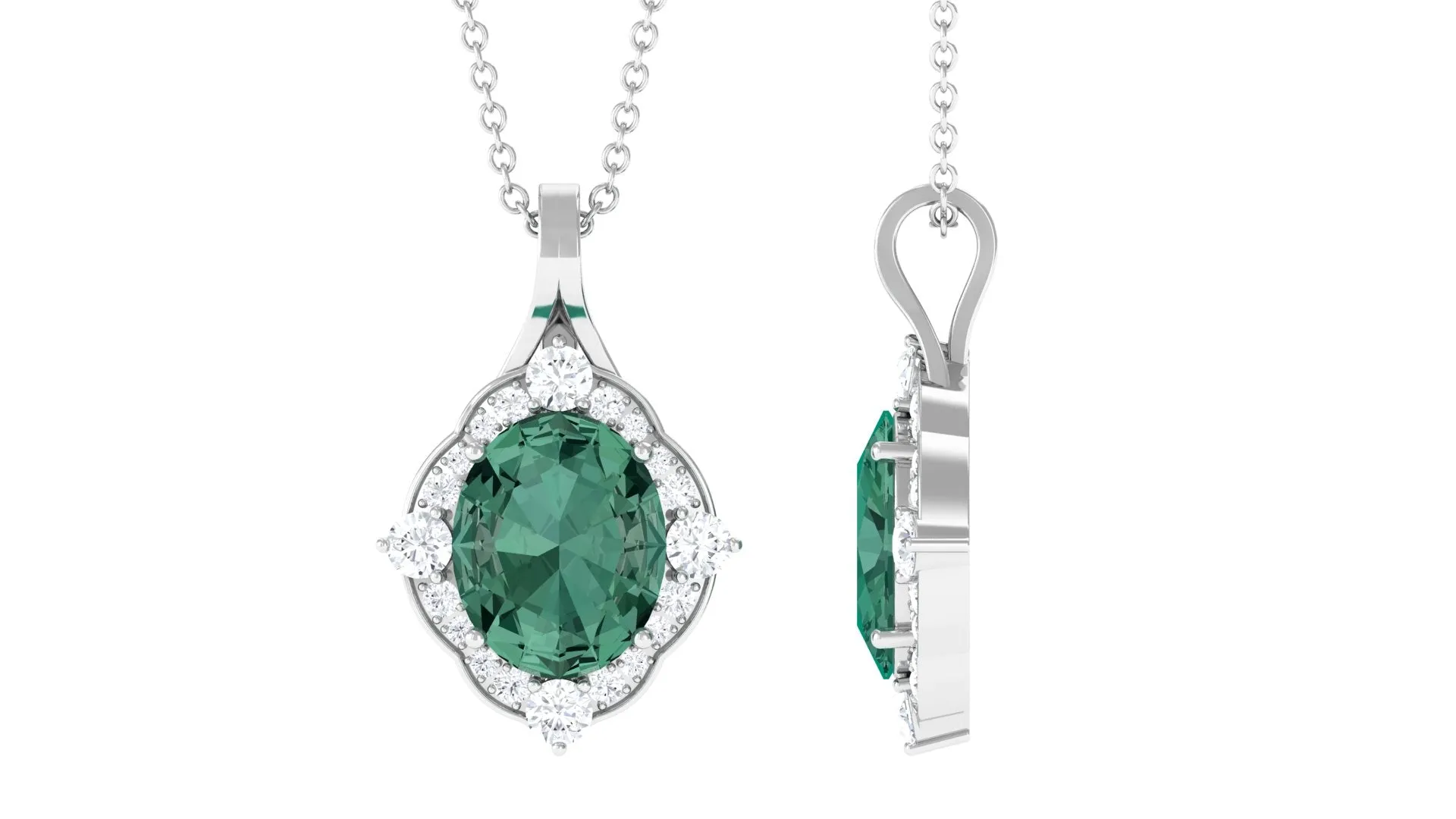 Vintage Inspired Oval Created Green Sapphire and Diamond Halo Pendant