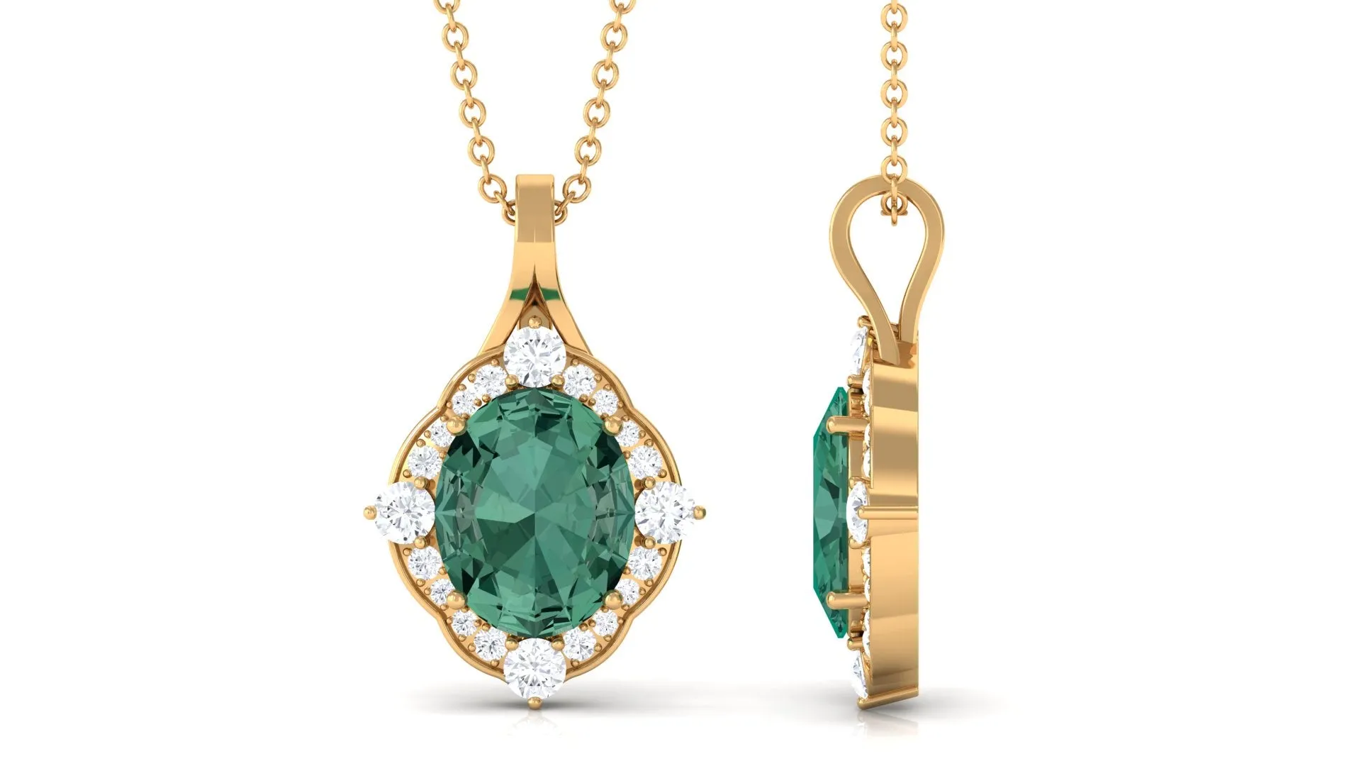 Vintage Inspired Oval Created Green Sapphire and Diamond Halo Pendant