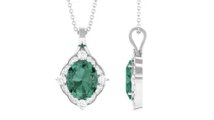 Vintage Inspired Oval Created Green Sapphire and Diamond Halo Pendant