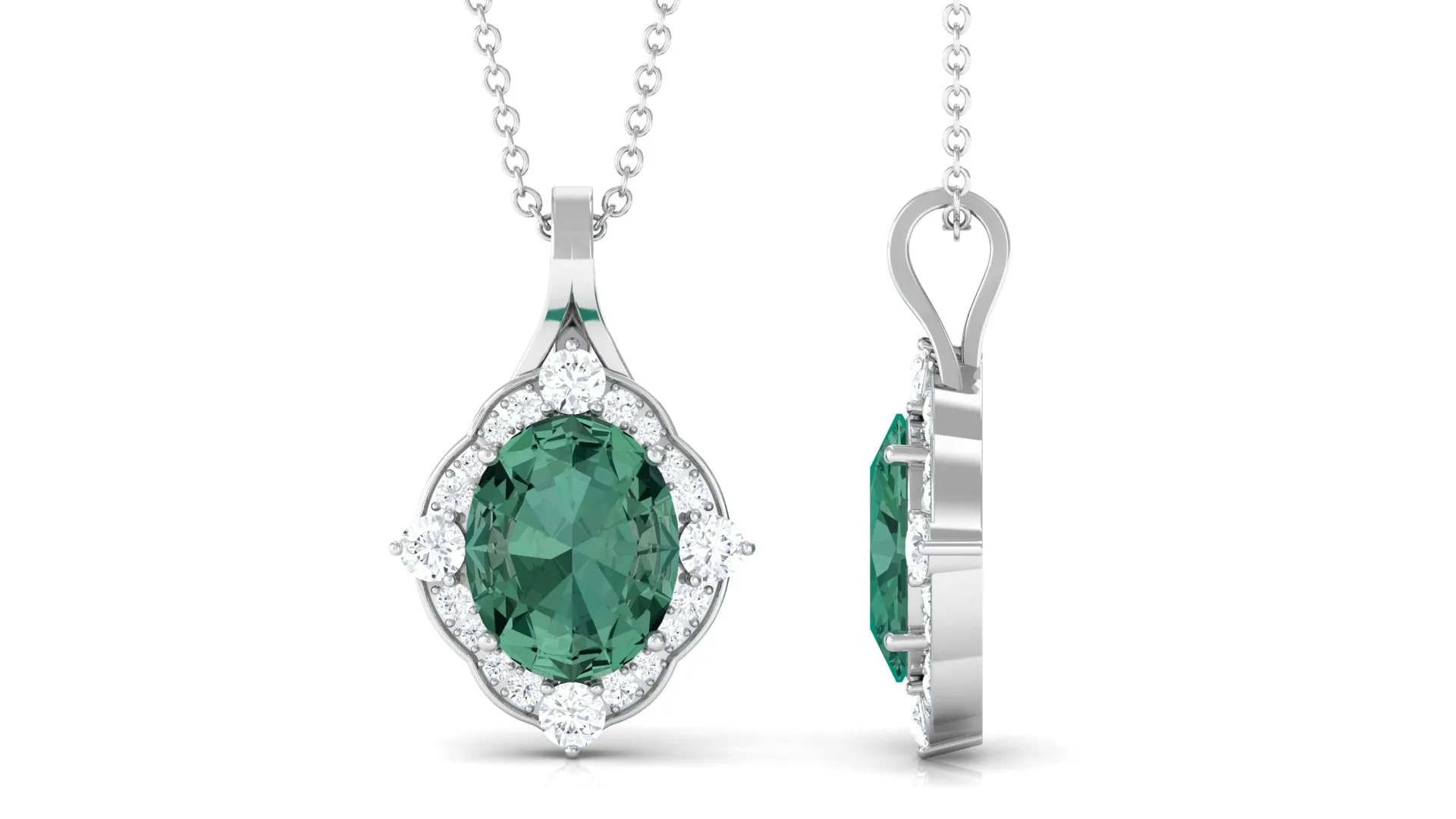 Vintage Inspired Oval Created Green Sapphire and Diamond Halo Pendant