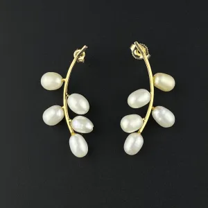 Vintage Pearl Leaf 14K Gold Bar Stud Earrings