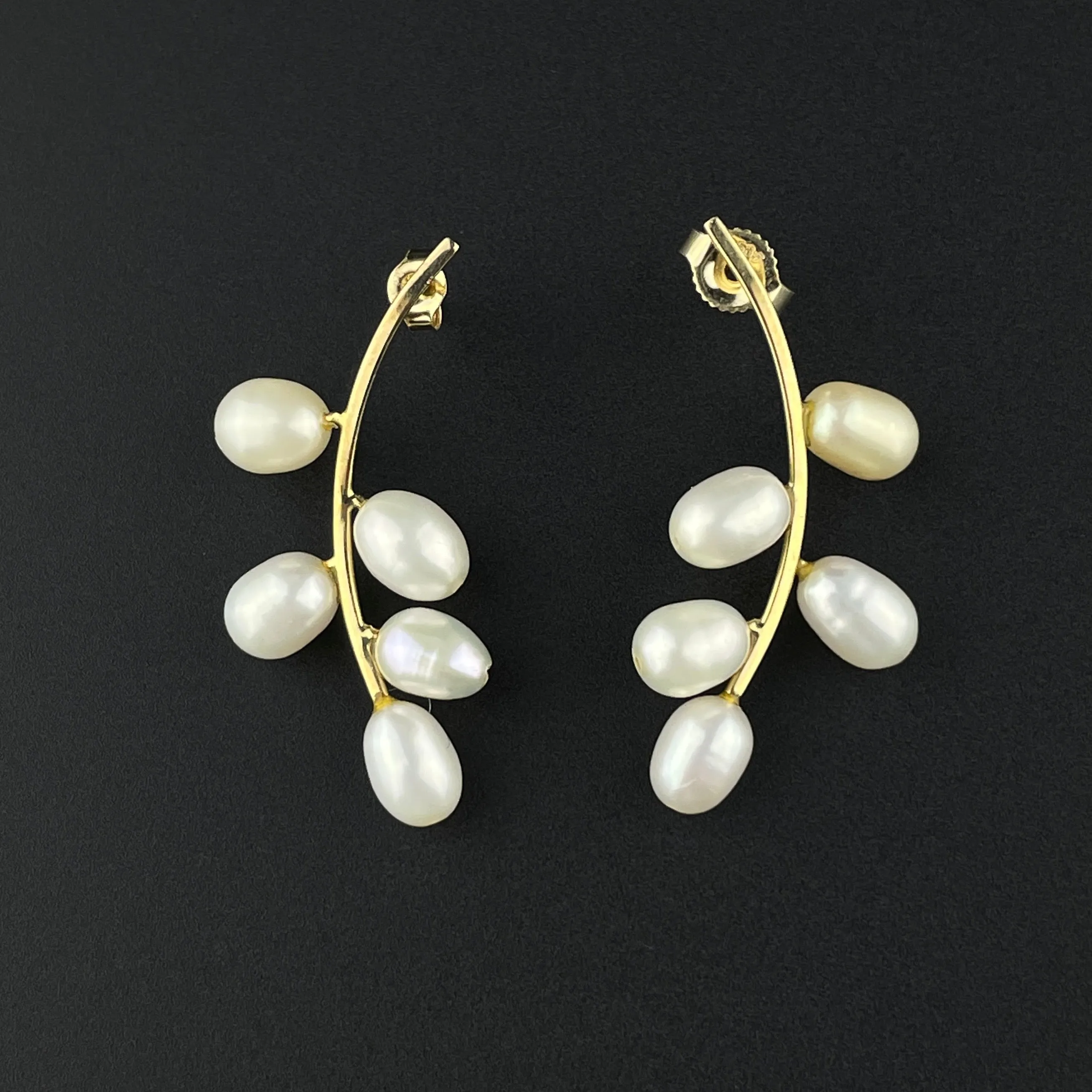 Vintage Pearl Leaf 14K Gold Bar Stud Earrings
