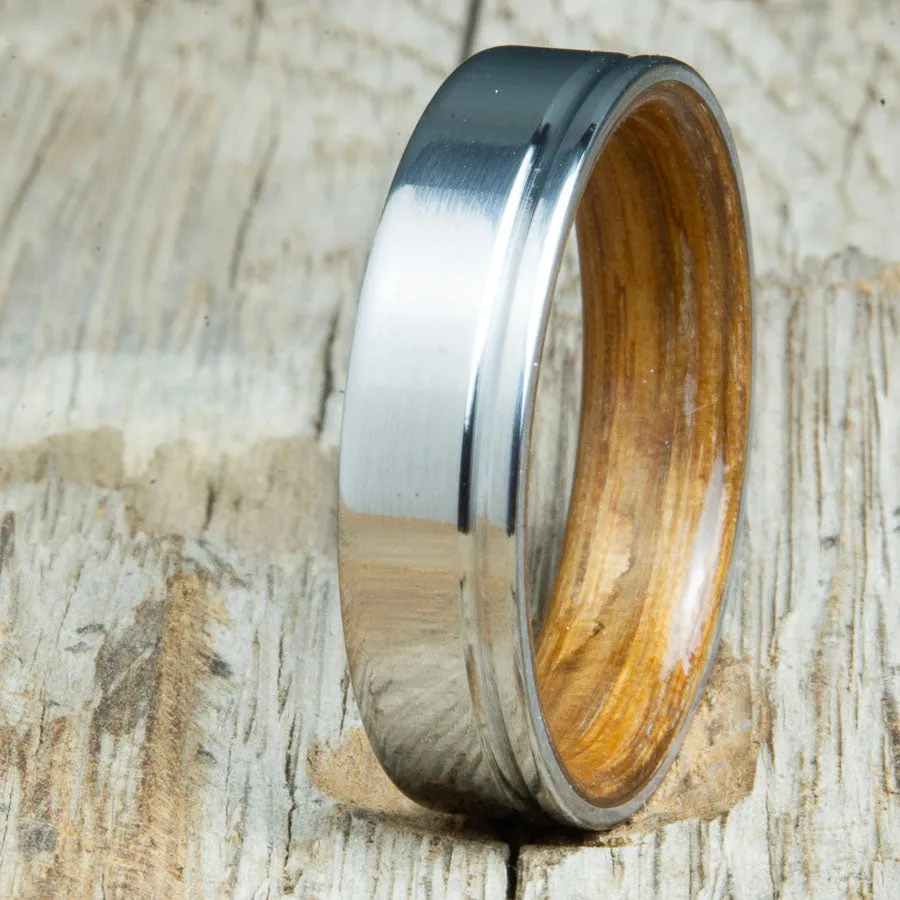 Whiskey barrel wooden ring with single groove polished titanium