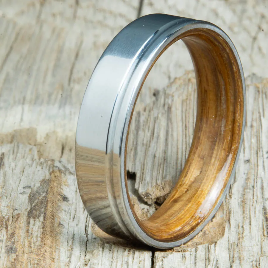 Whiskey barrel wooden ring with single groove polished titanium