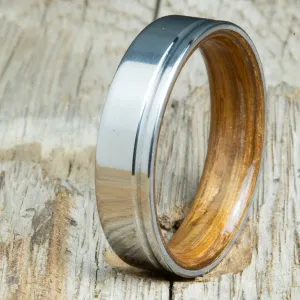 Whiskey barrel wooden ring with single groove polished titanium