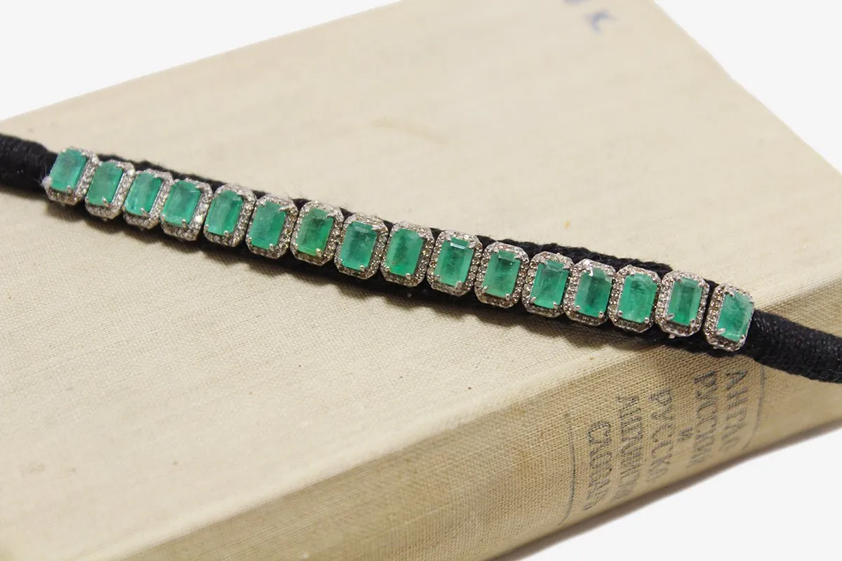 Woven Silk Emerald   Diamond Bracelet