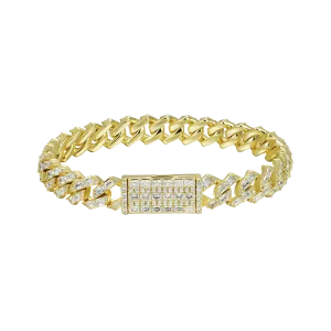 Yellow Gold Emerald Cut Prong Cuban Link Bracelet - 10mm