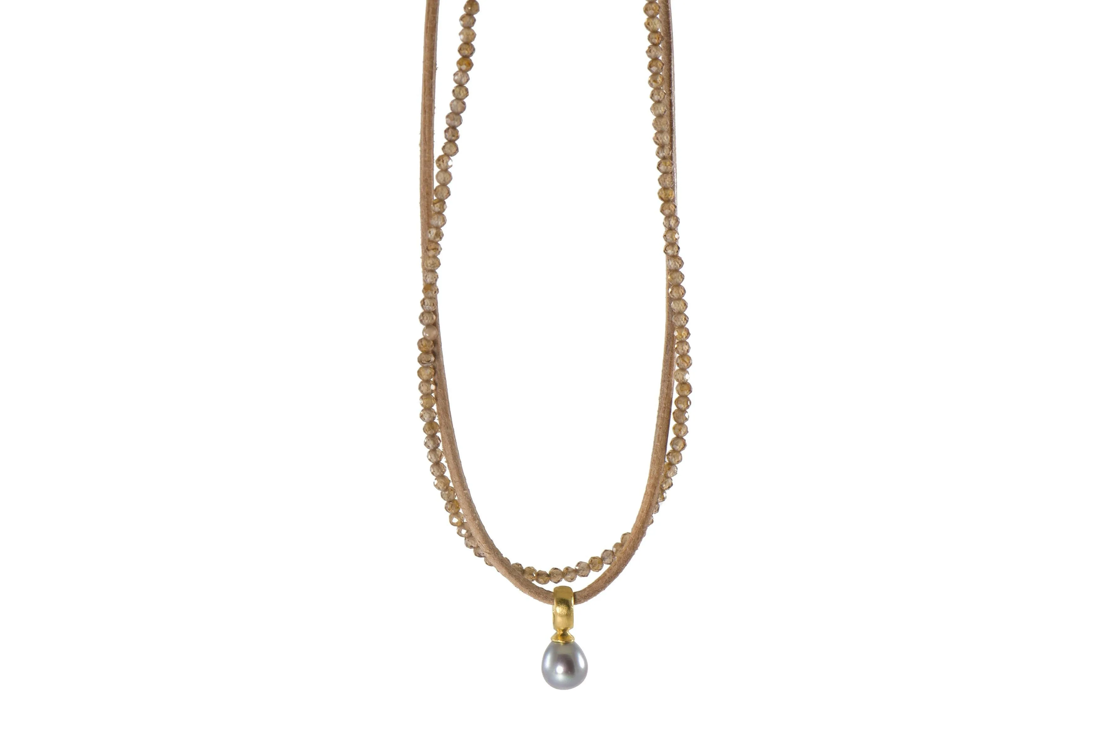 Zircon, Leather & Grey Pearl 2MM Pendant Necklace 24K Fair Trade Gold Vermeil